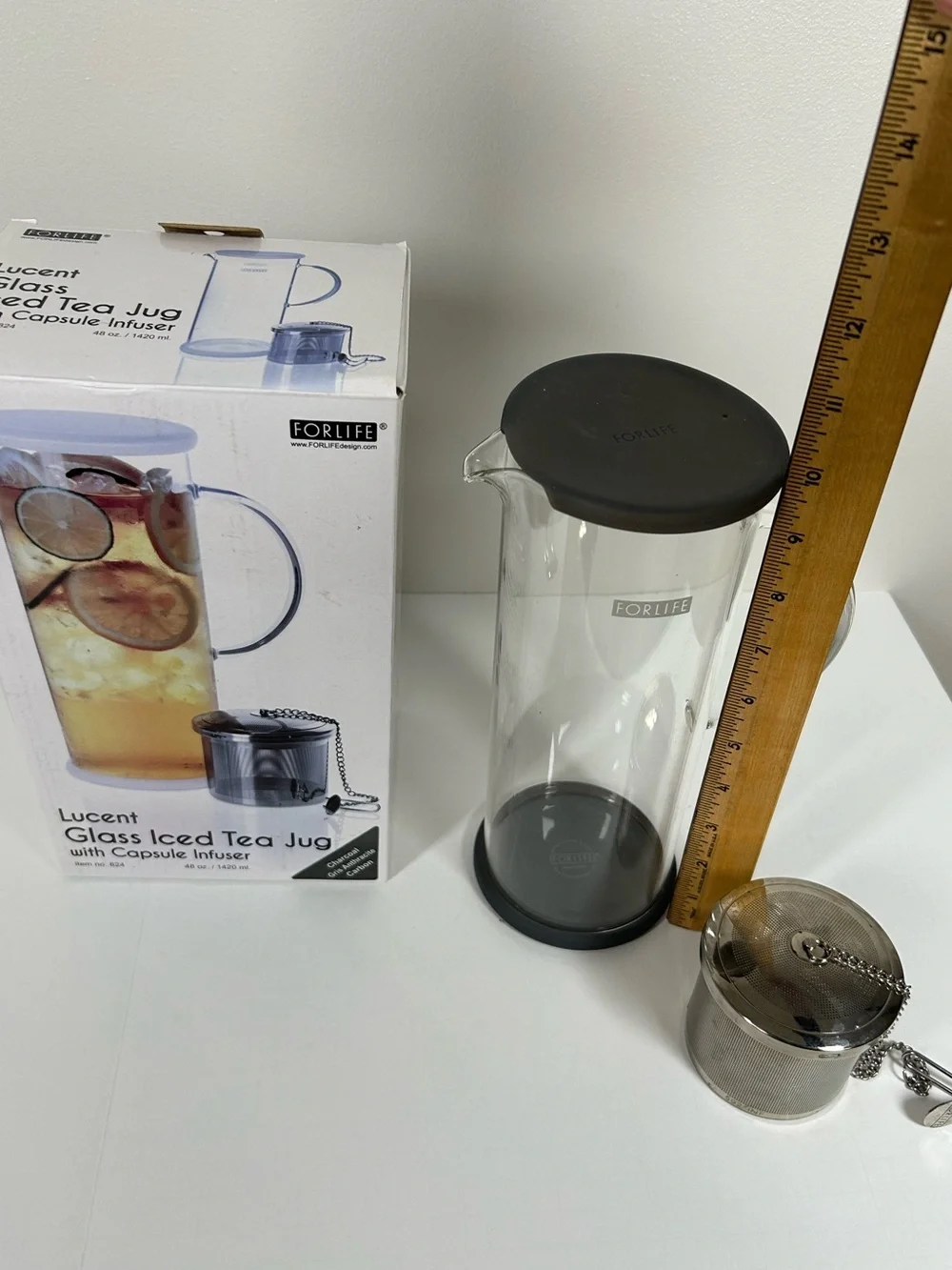 FORLIFE LUCENT Glass Iced Tea Jug with Charcoal Lid and Infuser 48-Ounce